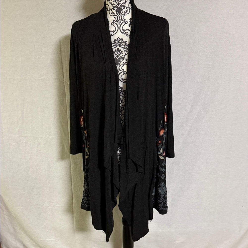 Anthro Caite Open Front Waterfall Women's Cardigan  Pockets Floral Embroidery